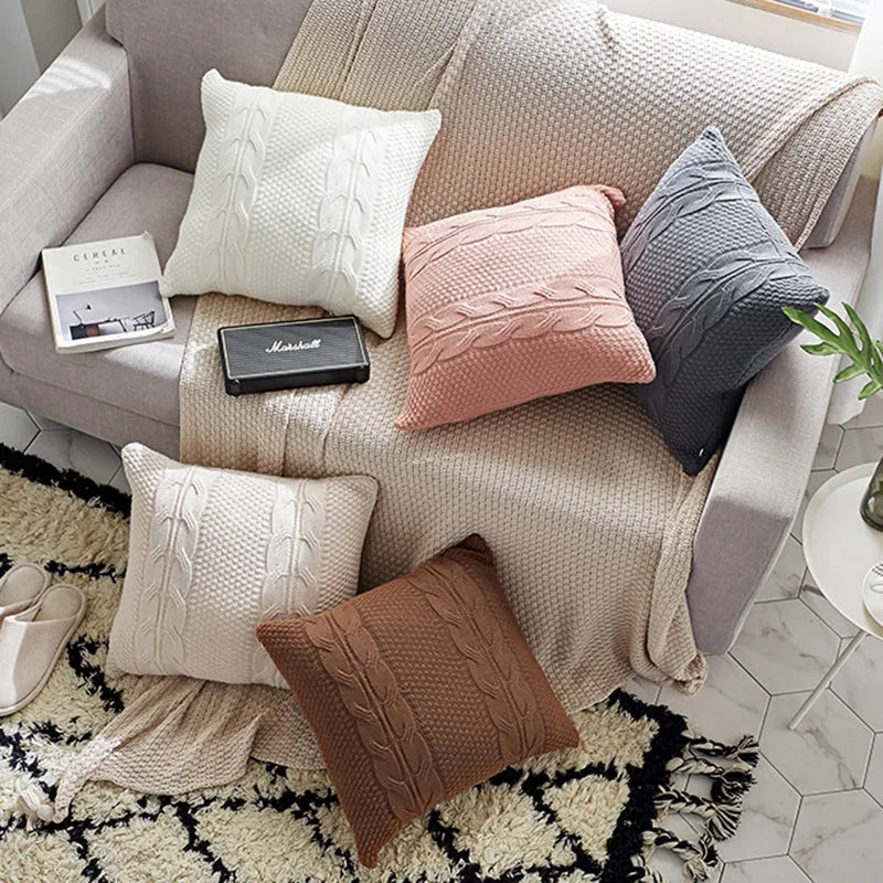 Afralia™ Double Cable Knit Cushion Cover in 5 Soft Colors, 45cm x 45cm