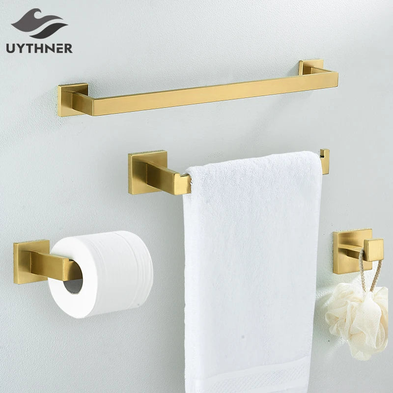 Afralia™ Brushed Gold Bathroom Hardware Set - Robe Hook, Towel Rail, Tissue Holder & more