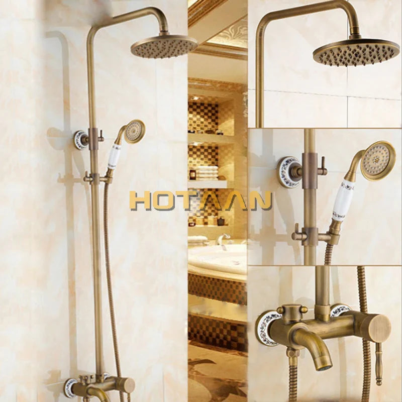 Afralia™ Antique Brass Rainfall Shower Faucet Set with Hand Shower