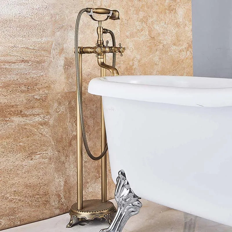 Afralia™ Dual Ceramic Handle Freestanding Tub Faucet with Handshower