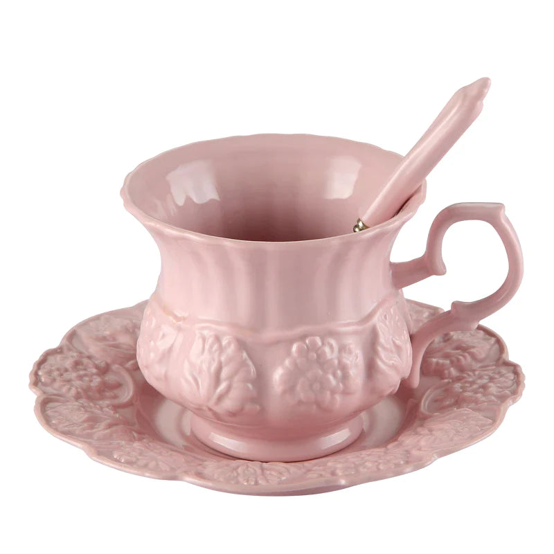 Afralia™ Pink Ceramic Tea Set Retro British Floral Teapot Mug Cafe Teatime Cup