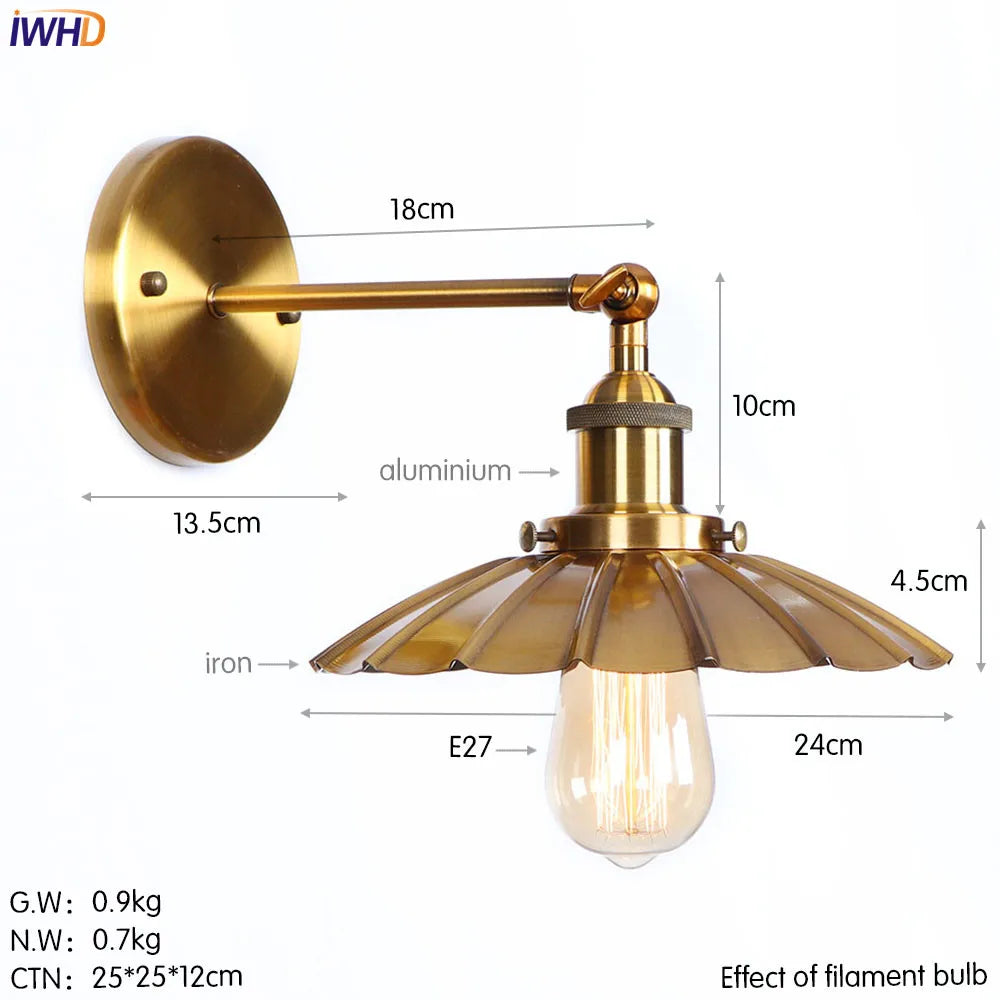 Afralia™ Iron Golden Antique LED Wall Light Retro Industrial Vintage Wandlamp