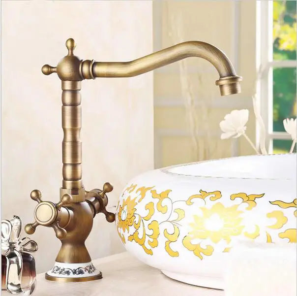 Afralia™ Antique Brass Porcelain Basin Mixer Hot Cold Tap - 360 Degree Swivel Kitchen Faucet