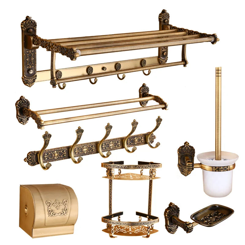 Afralia™ Antique Bronze Carved Aluminum Bathroom Accessories Set: Towel Rack, Paper Holder, Hooks