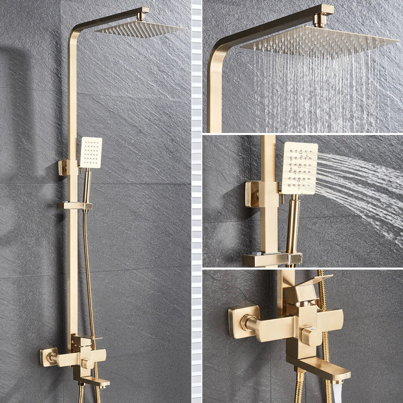 Afralia™ Brushed Gold Rain Shower Bath Faucet Wall Mounted - Shower Set Mixer