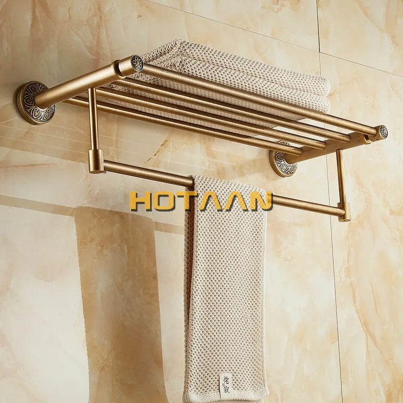Afralia™ Brass Bath Towel Rack Square Double Towel Shelf Bathroom Accessories