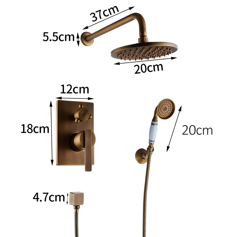 Afralia™ Antique Brass Bathroom Shower Mixer Set with 8" Rainfall and Handshower