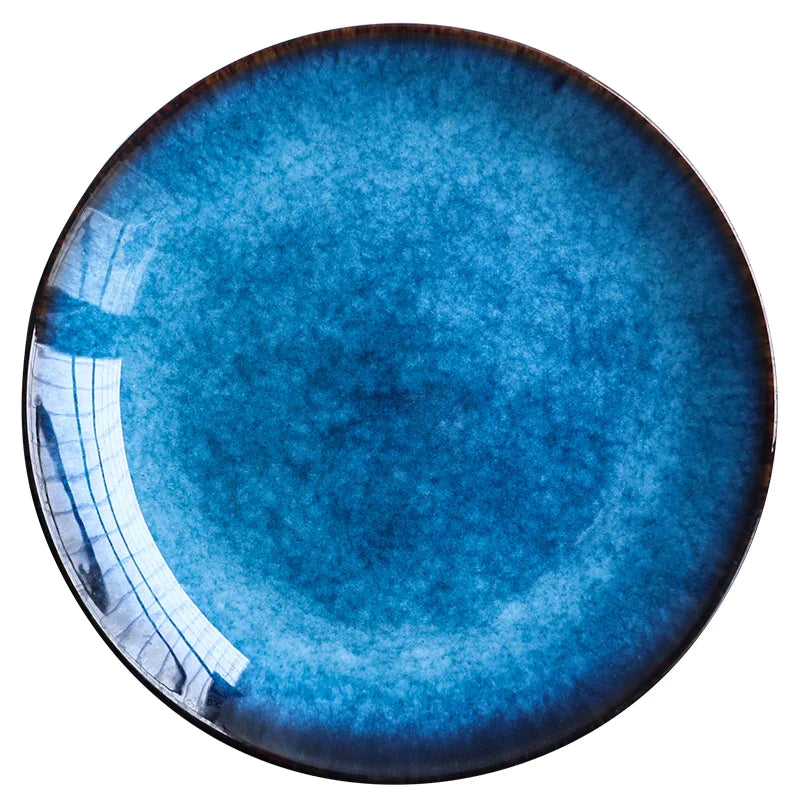 Afralia™ Blue Ceramic Round Plate - Commercial Steak Dish Wholesale