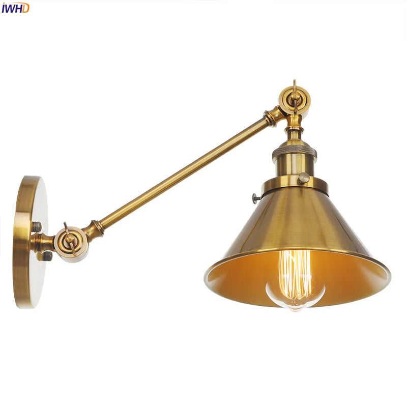 Afralia™ Antique Gold Long Arm Wall Lamp Vintage Bedroom Loft Industrial LED Wall Light