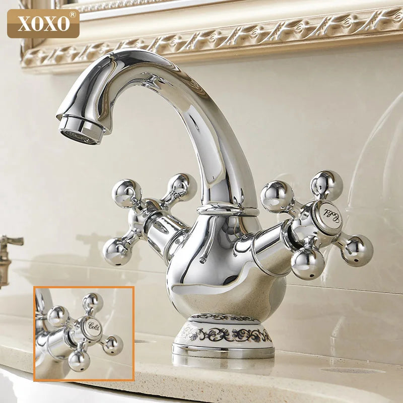 Afralia™ Double Handle Chrome Basin Faucet with Ceramic Decoration