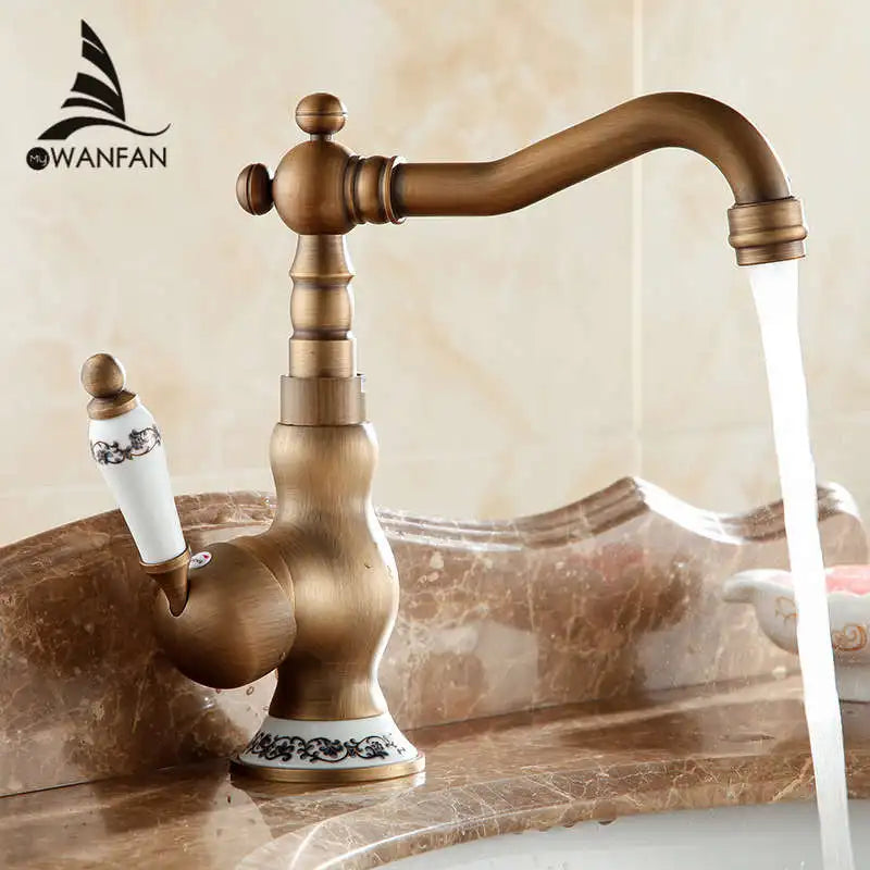 Afralia™ Antique Brass Bathroom Sink Faucet Single Handle Swivel Spout Hot Cold Mixer