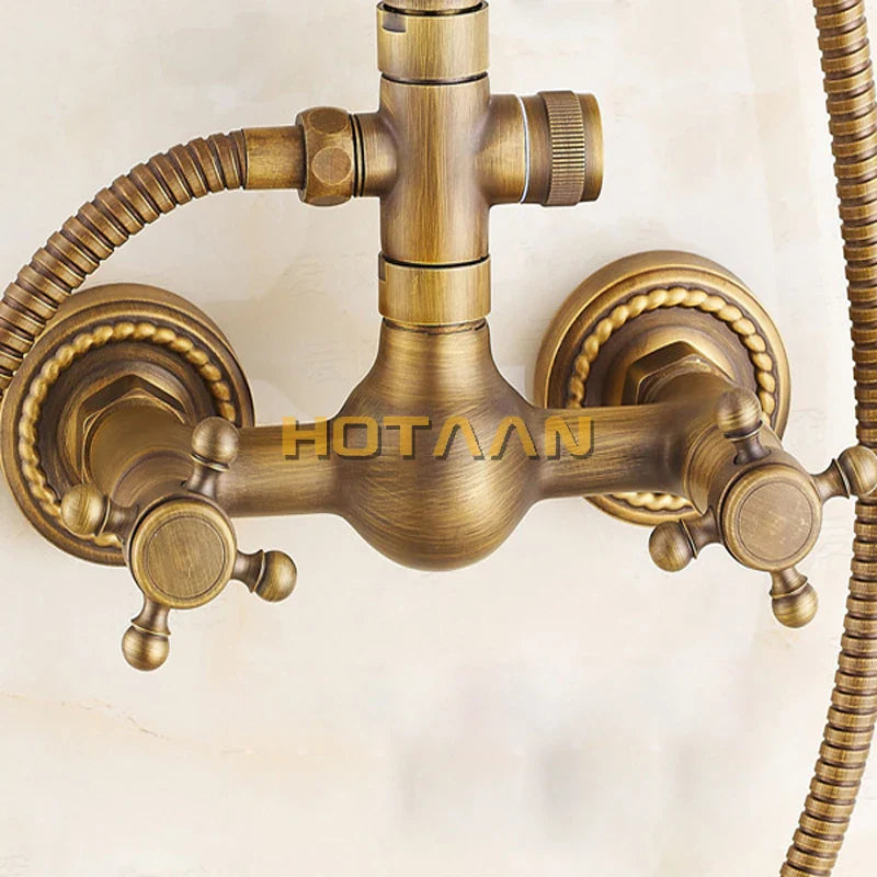 Afralia™ Antique Brass Bathroom Shower Faucet Set with Handshower, Tub Spout, and 8" Rainfall Head