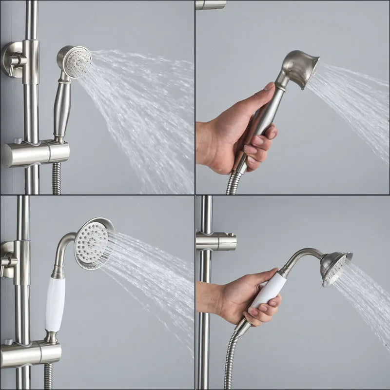 Afralia™ Brushed Nickel Dual Handle Rainfall Shower Mixer Faucet with Handshower