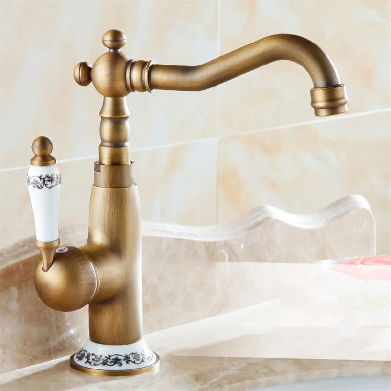 Afralia™ Antique Brass Bathroom Sink Faucet Single Handle Swivel Spout Hot Cold Mixer