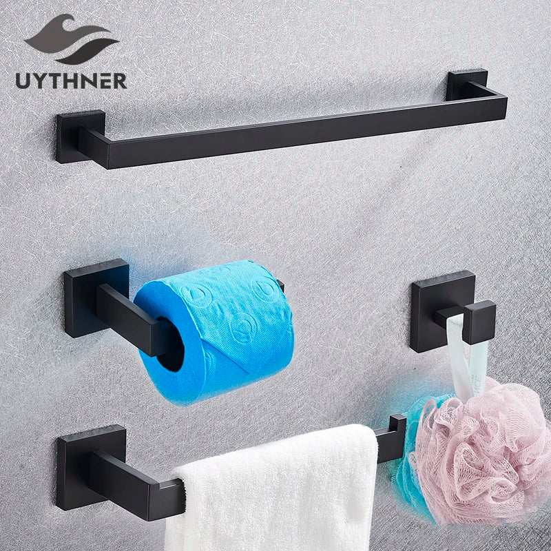 Afralia™ Black Bathroom Accessories Set: Robe Hook, Towel Rail, Shelf, Paper Holder