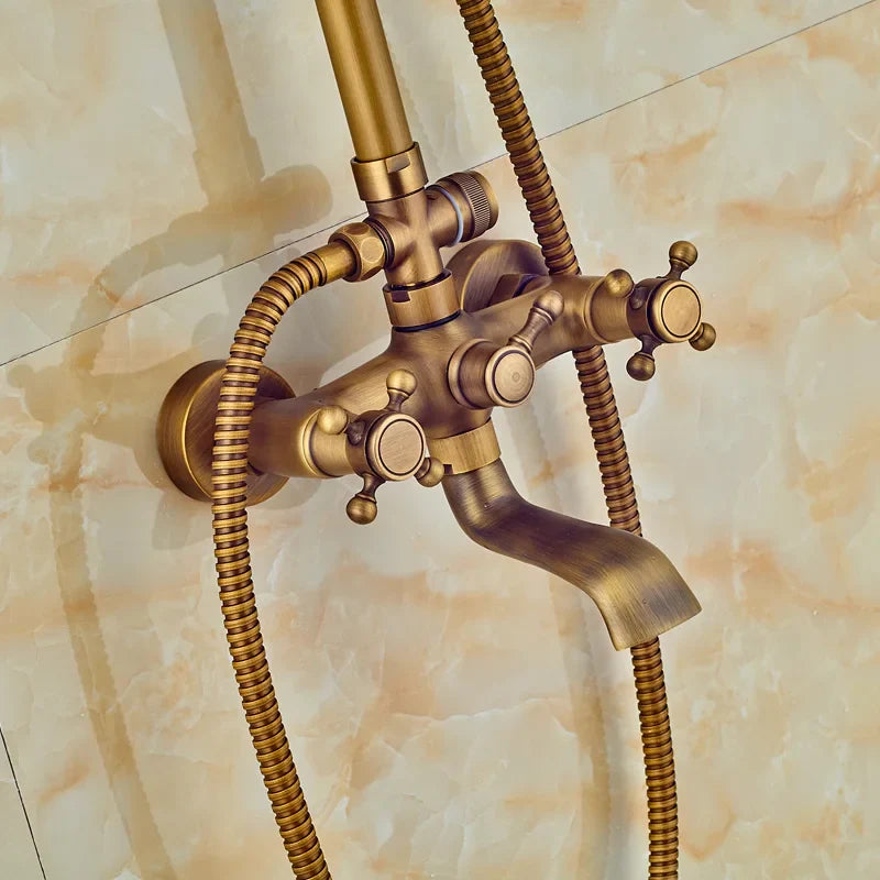 Afralia™ Antique Brass Shower Faucet Set with Handheld Shower- 8" Rainfall Head