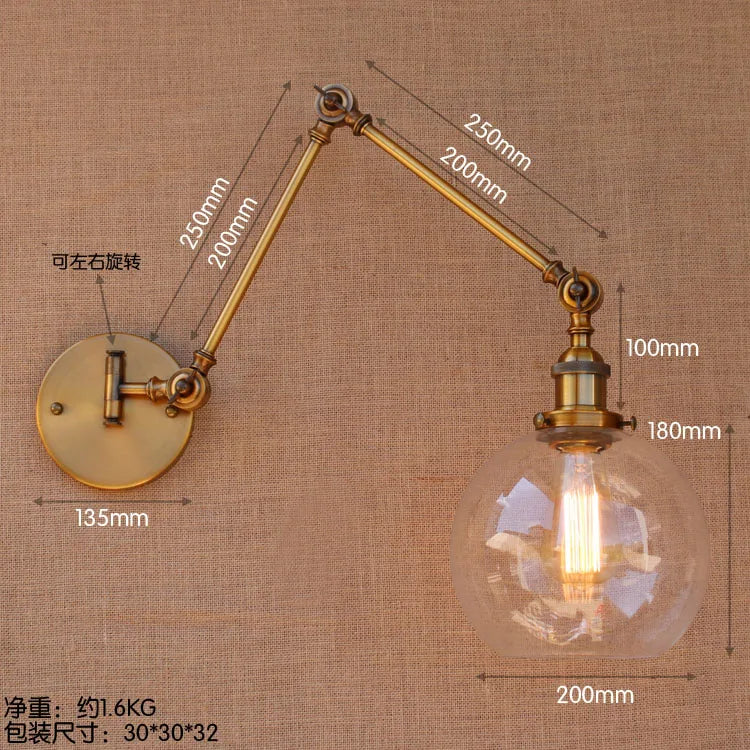 Afralia™ Brass Glass Ball Swing Arm Wall Light Vintage Industrial Lamp