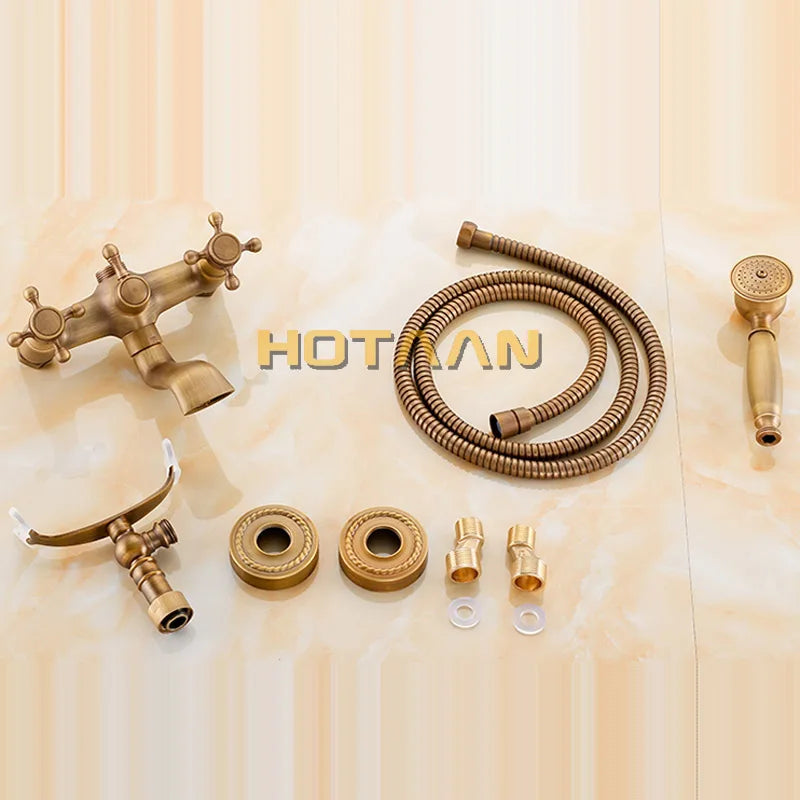 Afralia™ Antique Brass Shower Faucet Kit with Wall Mounted Hand Held Shower Head