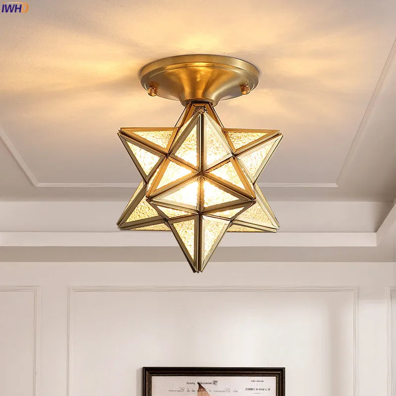 Afralia™ Vintage Star Copper Glass Ceiling Lamp LED Lighting fixture for Kitchen, Hallway, Balcony, Porch.