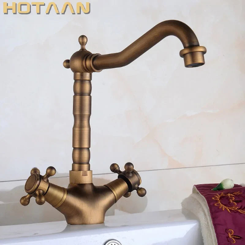 Afralia™ Antique Brass Basin Faucet with Swivel Spout and Cross Handles