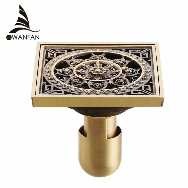 Afralia™ Antique Brass Shower Drain Cover Euro Art Carved Bathroom Strainer