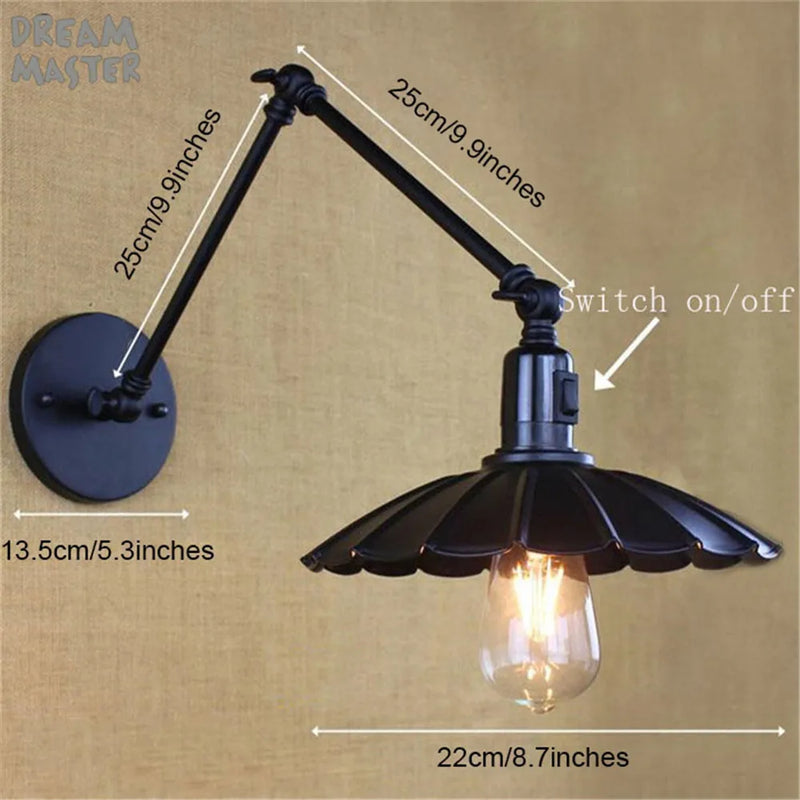 Afralia™ Industrial Swing Arm Wall Lamp Black Switch On Off Sconces Iron