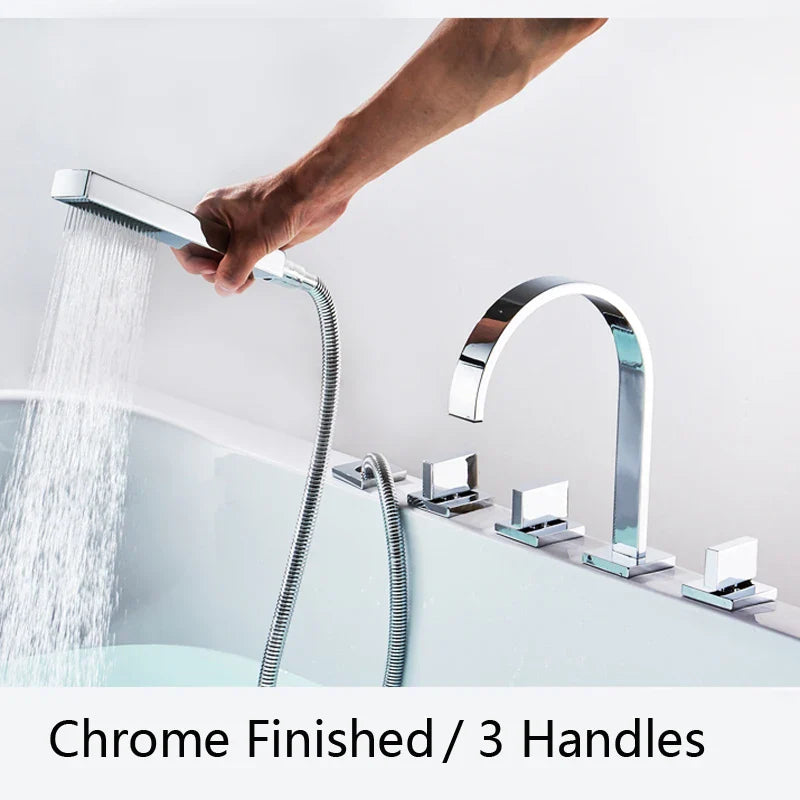 Afralia™ Chrome and Black 3-Handle Bathtub Faucet with Handshower