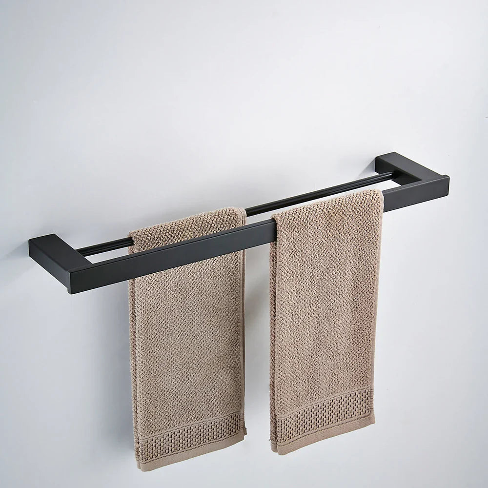 Afralia™ Matte Black Bathroom Hardware Set: Paper Holder, Towel Rail, Robe Hook, Toilet Brush Holder & Accessories
