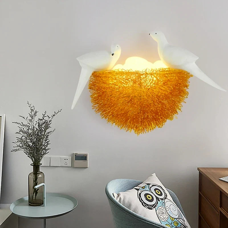 Afralia™ Bird's Nest LED Wall Lamp with 3D Birds Art - Decorative Novelty Wall Light