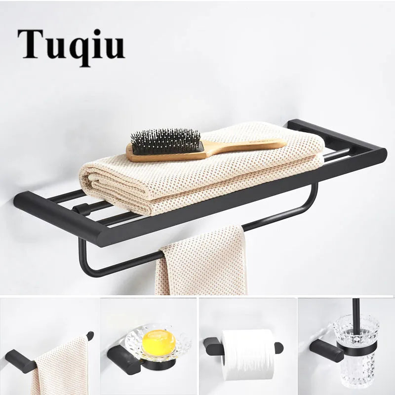 Afralia™ Matt Black Bathroom Accessories Set: Towel Rack, Corner Shelf, Paper Holder, Toilet Brush Holder.