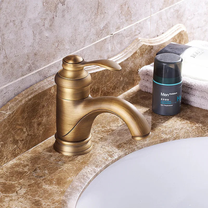 Afralia™ Antique Brass Basin Faucet Single Handle Deck Mounted Bathroom Sink Hot Cold Mixer