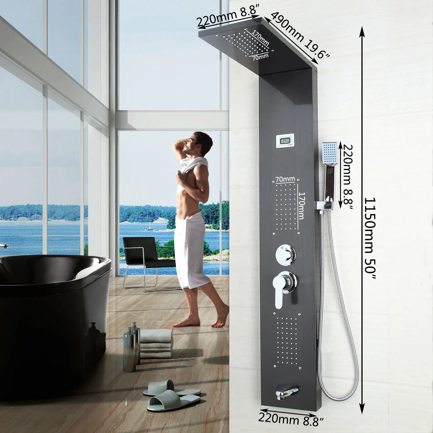 Afralia™ Dark Nickel Shower Panel with Hand shower, Tub Spout, and Massage System