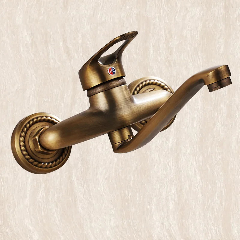 Afralia™ Antique Brass Bathroom Basin Faucet Long Spout Dual Handle Wall Mount