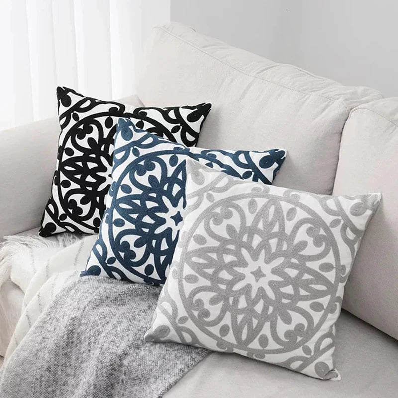 Afralia™ Navy Gray Black Floral Embroidered Cotton Cushion Cover - 45x45cm