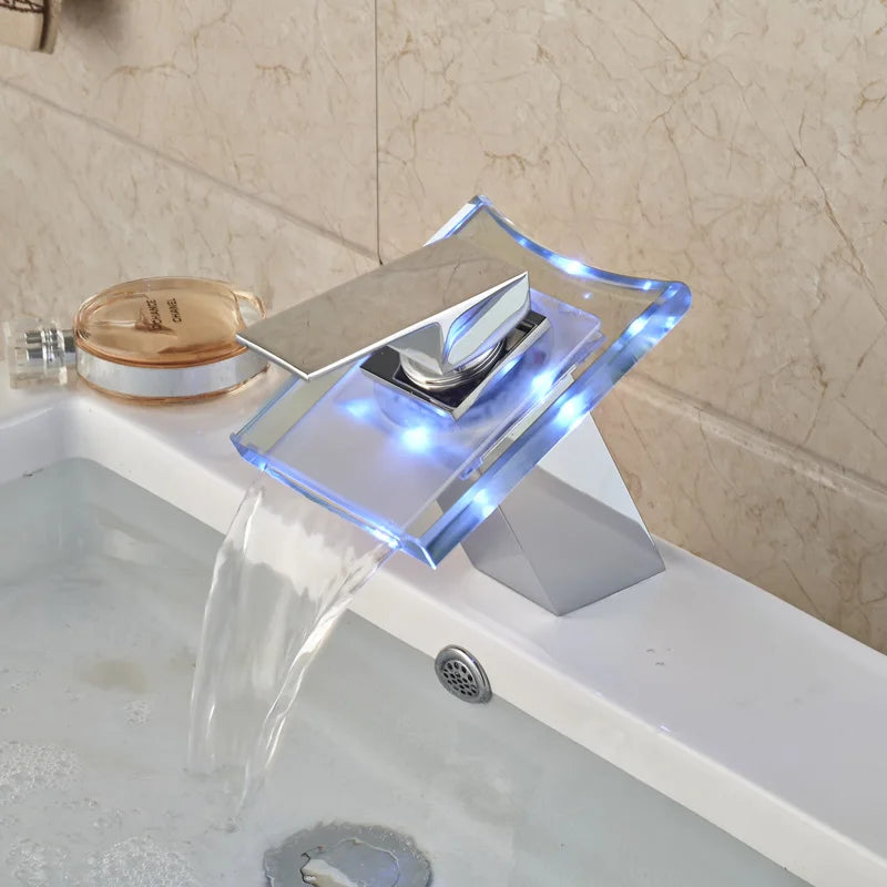 Afralia™ RGB Waterfall Faucet Deck Mount Brass Bathroom Vessel Sink Mixer Tap