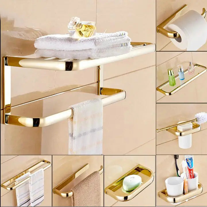 Afralia™ Gold Bathroom Accessories Set: Towel Shelf, Towel Bar, Paper Holder, Cloth Hook