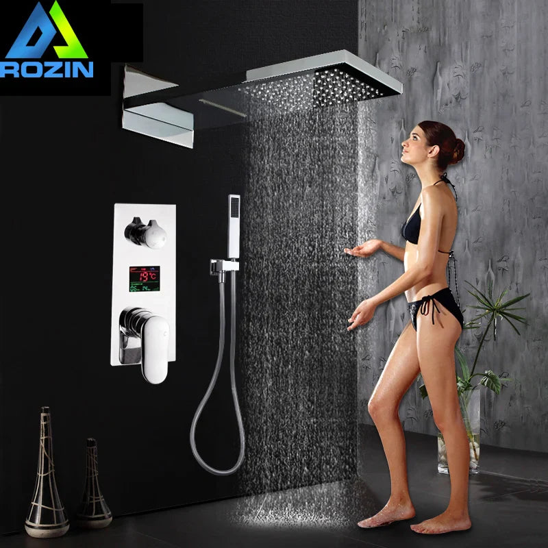 Afralia™ Chrome Luxury Digital Bath Shower Mixer with Rain Waterfall and Handshower