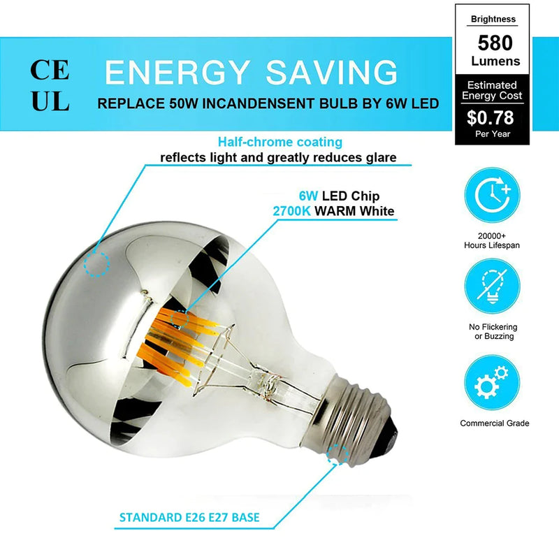 Afralia™ 8W LED Filament Dimmable G45 Silver Mirror Top Bulb E12 Warm White 2700K