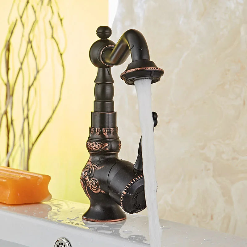 Afralia™ Black Flower Carved Basin Mixer Tap with Swivel Neck, Single Lever Control