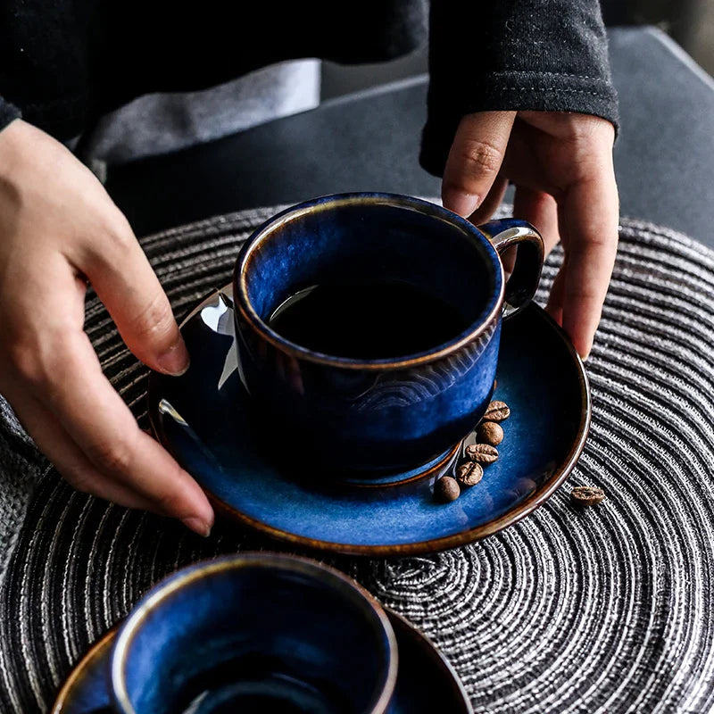 Afralia™ Deep Blue Ceramic Espresso Coffee Cup Saucer Set