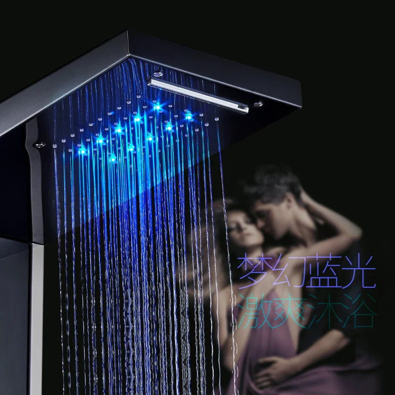 Afralia™ Black LED Shower Panel Tower with Digital Screen and Thermostatic Mixer
