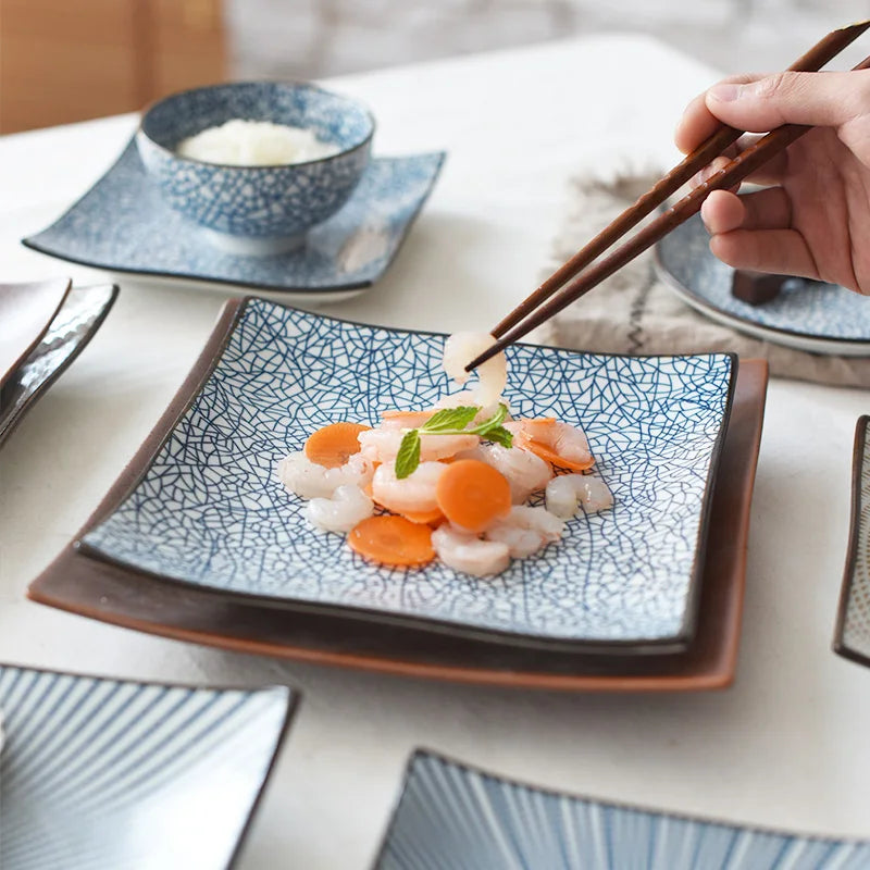 Afralia™ Bone China Porcelain Square Dinner Plate - Blue and White Plant Design