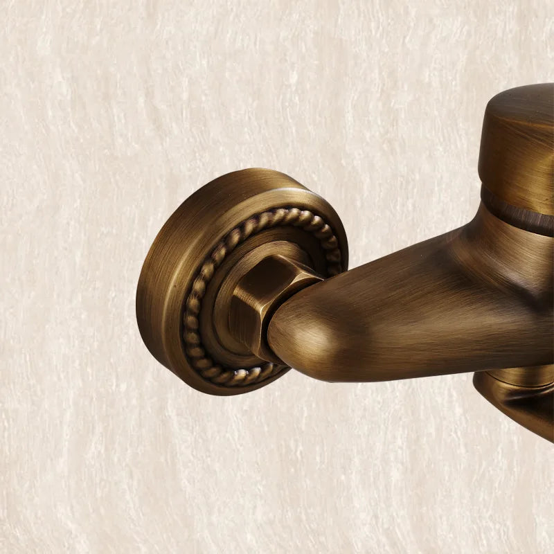 Afralia™ Antique Brass Bathroom Basin Faucet Long Spout Dual Handle Wall Mount