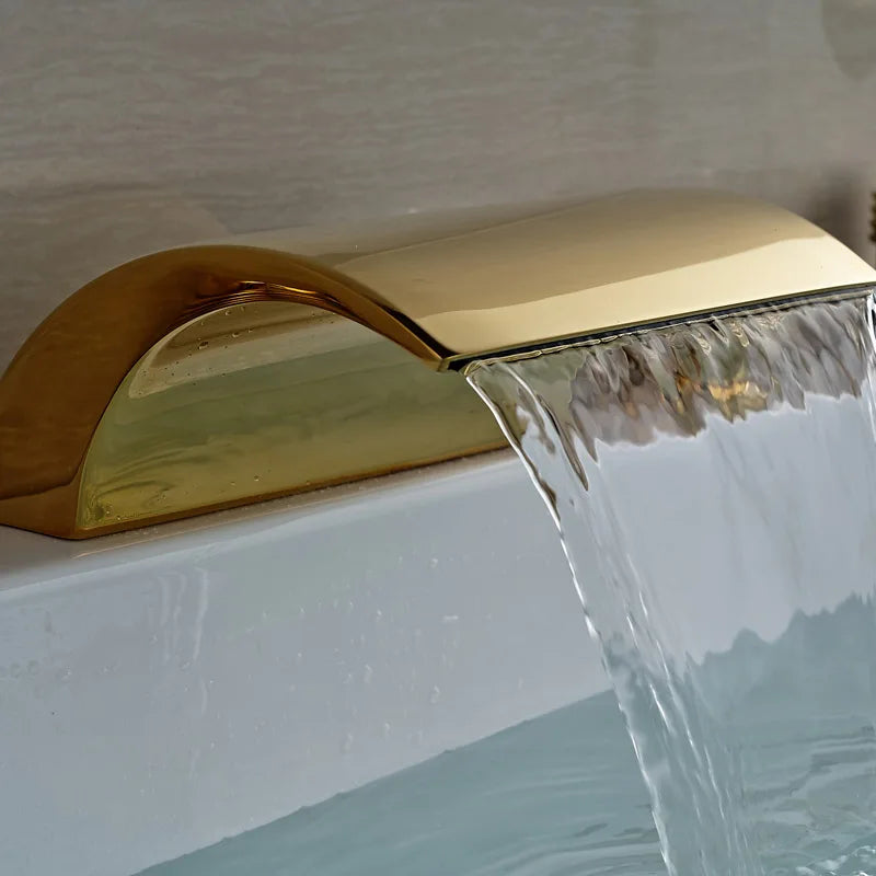 Afralia™ Golden Widespread Brass Bathtub Faucet with Handheld Shower