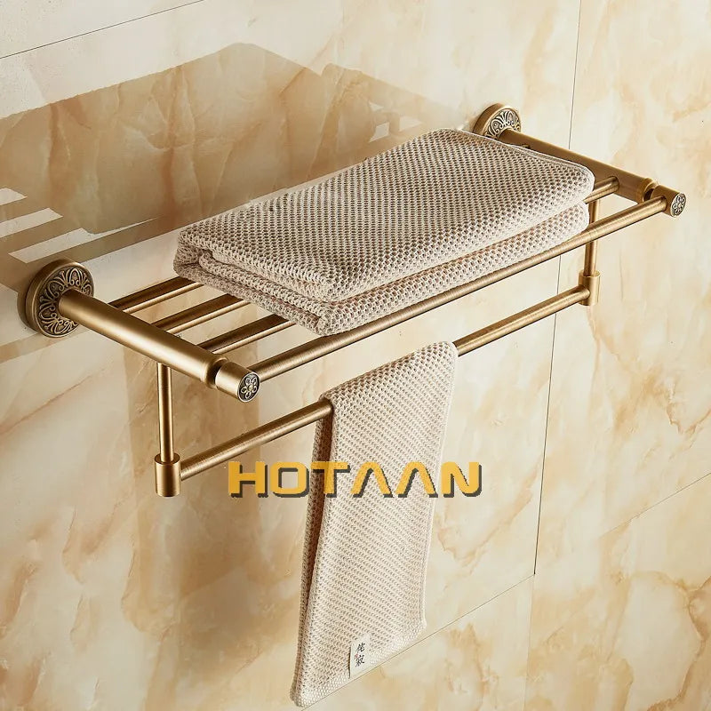 Afralia™ Brass Bath Towel Rack Square Double Towel Shelf Bathroom Accessories