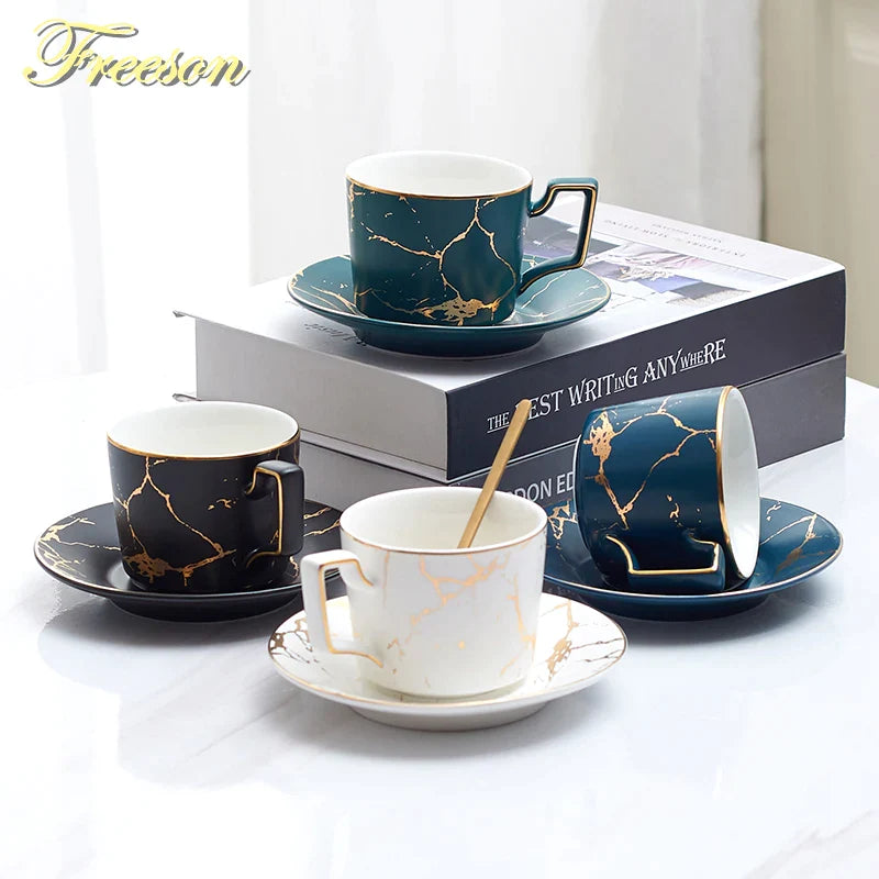 Afralia™ 200ml Marble Ceramic Tea Set with Spoon and Saucer