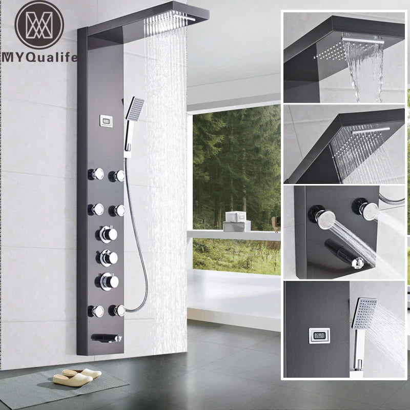 Afralia™ Black Massage Jets Rain Shower Column Thermostatic Mixer Shower Panel