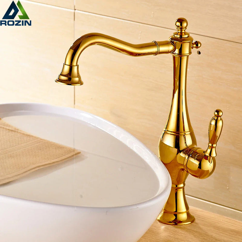 Afralia™ Golden Basin Faucet Single Handle Brass Mixer Tap for Bathroom and Kitchen