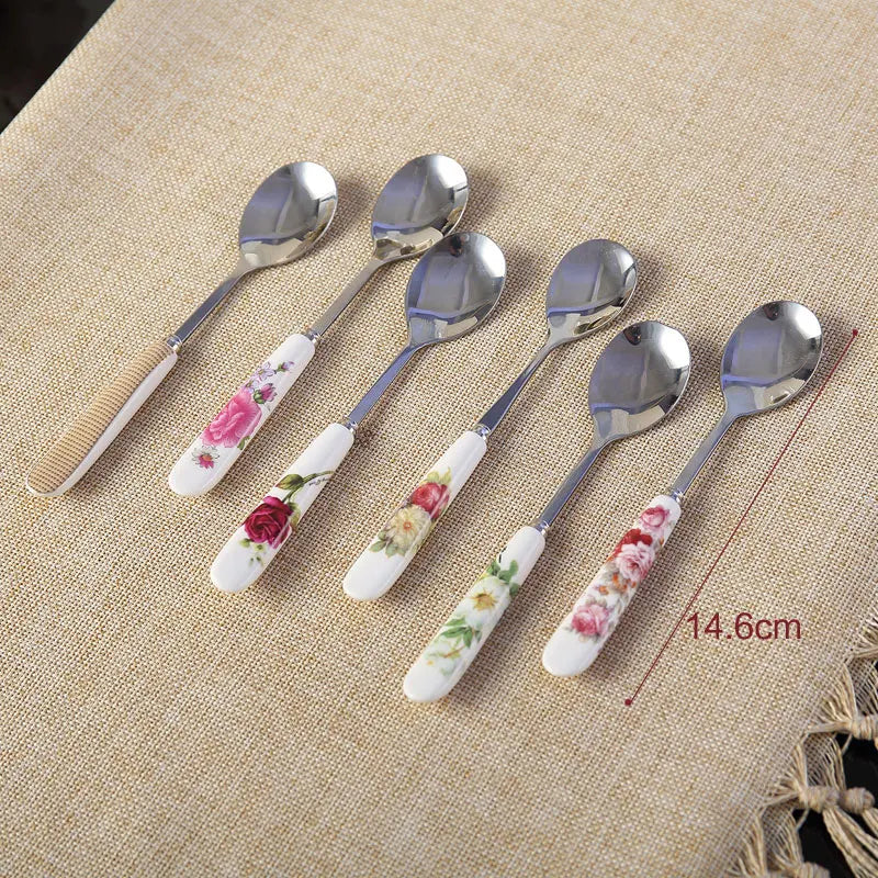 Afralia™ 6-Piece Coffee Spoon Set, European Bone China & Stainless Steel Tableware