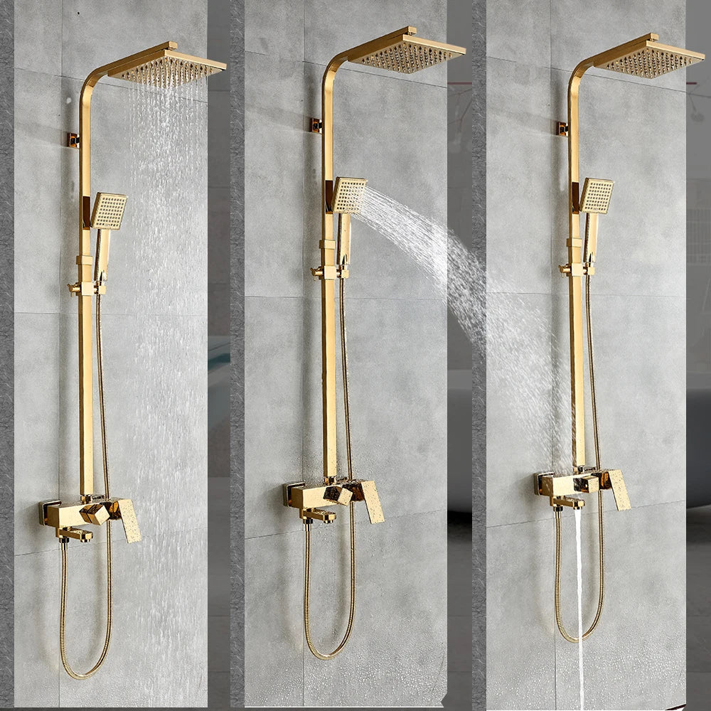 Afralia™ Golden Shower Faucet Set with 8" Rainfall Shower, Wall Mounted Hand Shower